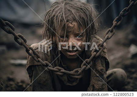 Young poor boy in chains. Prisioner of war. Human rights and freedom concept. Generative Ai 122800523