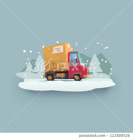cartoon post red truck delivering in winter cartoon post red truck delivering in winter 122800526