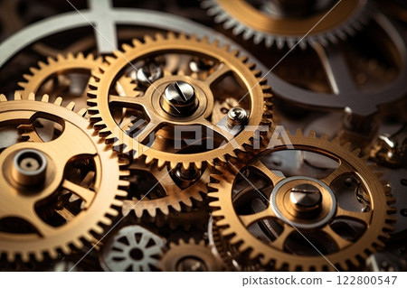 Clock mechanism with gears and cogs. Closeup macro shot. Generative Ai Clock mechanism with gears and cogs. Closeup macro shot. Generative Ai 122800547