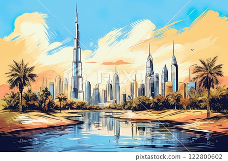 Dubai skyline sketch drawing. Poster design. Generative Ai 122800602