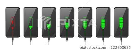 Cell phone battery charge indicator. Realistic smartphone with charging level, full, low and empty energy, accumulator status progress, mobile technology, voltage interface, Vector 3d concept Cell phone battery charge indicator. Realistic smartphone with charging level, full, low and empty energy, accumulator status progress, mobile technology, voltage interface, Vector 3d concept 122800625