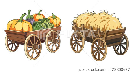Farming wagons with harvest. Wooden carts, organic products, hay wain, vegetables in wheelbarrow, laden garden carriages, countryside transport cartoon flat style isolated vector set Farming wagons with harvest. Wooden carts, organic products, hay wain, vegetables in wheelbarrow, laden garden carriages, countryside transport cartoon flat style isolated vector set 122800627
