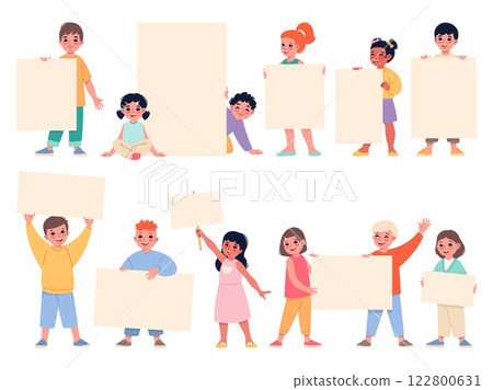 Funny children with blank banners. Cartoon kids hold paper sheets or posters, happy boys and girls showing boards for messages, empty advertising placard, characters with billboard vector set 122800631