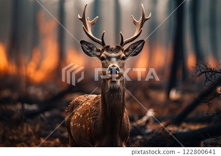 Deer escaping forest fire. Generative Ai image 122800641
