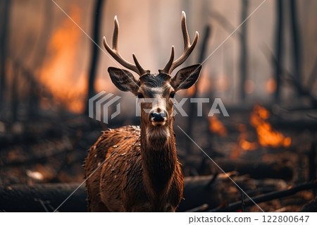 Deer escaping forest fire. Generative Ai image 122800647