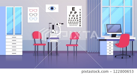 Ophthalmology office. Vision examination clinic. Eye care and medical correction hospital room. Equipment medic. Desk and computer. Selection of glasses. Cartoon flat isolated vector concept Ophthalmology office. Vision examination clinic. Eye care and medical correction hospital room. Equipment medic. Desk and computer. Selection of glasses. Cartoon flat isolated vector concept 122800653