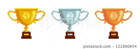 Pixel winner cups. Golden silver and bronze award, competition prize, different places, first second and third, 8 bit game goblets, mobile app asset nowaday vector isolated on white simple set 122800654