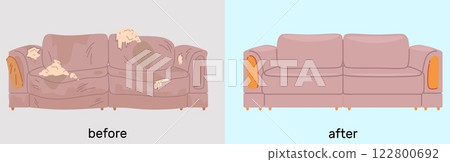 Sofa cleaning and reupholstering. Before or after furniture. Dirty broken couch with stains, protruding springs and filler. Repairing service. Cartoon flat style isolated vector concept 122800692