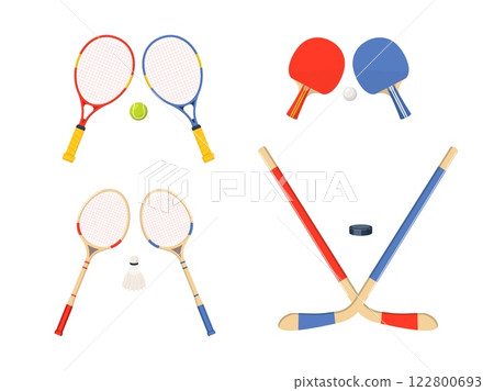 Sports equipment for tennis, badminton, table tennis, hockey. Sport games accessories. Different rackets and sticks, puck, shuttlecock and ball. Cartoon flat style isolated vector set Sports equipment for tennis, badminton, table tennis, hockey. Sport games accessories. Different rackets and sticks, puck, shuttlecock and ball. Cartoon flat style isolated vector set 122800693