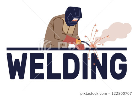 Welder. Professional metalwork, man in uniform and protective mask. Construction metalworking industry, logotype and phrase, occupation. Cartoon flat style isolated vector concept Welder. Professional metalwork, man in uniform and protective mask. Construction metalworking industry, logotype and phrase, occupation. Cartoon flat style isolated vector concept 122800707