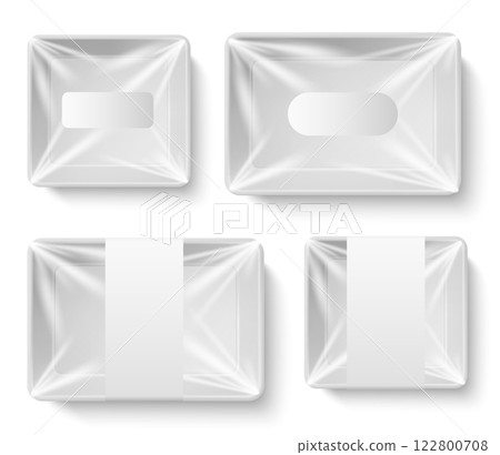 White tray for food packaging. Realistic package with transparent cellophane, blank label, square lunch or dinner box, 3d isolated elements top view. Empty product container. Vector concept 122800708