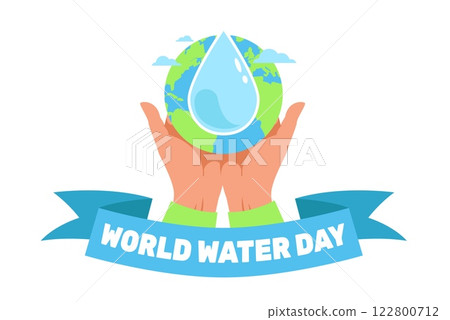 World Water Day. Hand hold droplet, planet earth in arms. Ecology poster design. Environmental care. Blue purity clean natural liquid. Cartoon flat style isolated vector eco concept World Water Day. Hand hold droplet, planet earth in arms. Ecology poster design. Environmental care. Blue purity clean natural liquid. Cartoon flat style isolated vector eco concept 122800712
