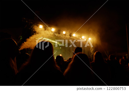 Crowd enjoying live concert at night. People stand in front of concert stage 122800753
