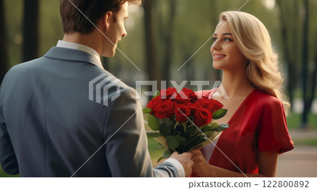 A man presents a woman with a red rose bouquet on a special day, symbolizing love, affection, and a heartfelt gesture of celebration and admiration. AI Generated 122800892