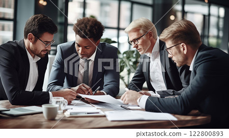 Business team members engaged in a discussion, strategizing and collaborating on a project to achieve specific goals, fostering teamwork and planning for success in their mission. AI Generated 122800893