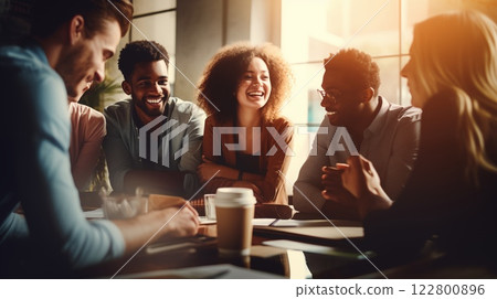 A diverse group of people working together in a collaboration meeting, sharing ideas, fostering teamwork and contributing their unique perspectives to achieve common goals. AI Generated 122800896