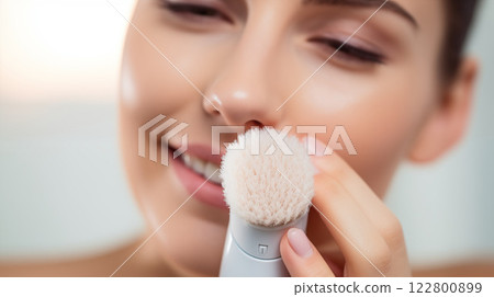 A woman using a cleansing brush to wash her face, ensuring freshness and maintaining her skins radiance, promoting healthy, glowing skin with every use. AI Generated 122800899