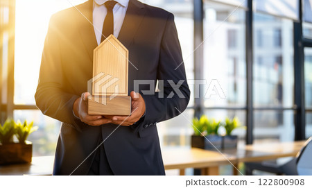 A businessman proudly holds a plaque symbolizing business success, representing achievement, dedication and excellence, celebrating milestones and professional accomplishments in the corpoAI Generated 122800908