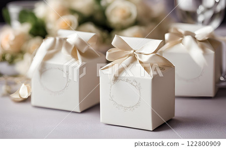 A beautifully crafted wedding souvenir gift, designed with elegance and care, serving as a heartfelt token of appreciation for special guests on this memorable occasion. AI Generated 122800909