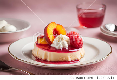 Peach Melba, A refreshing dessert featuring peaches and raspberry sauce, served with vanilla ice cream, combining sweet and tangy flavors in a delightful refreshing treat. AI Generated 122800913
