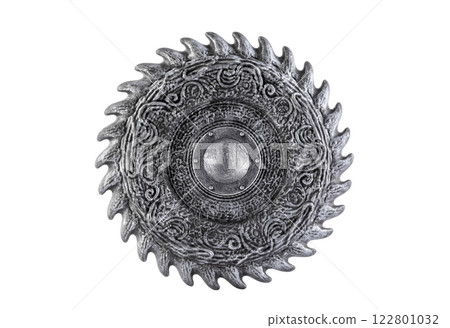 Old decorated metal round bladed shield isolated on white background with cliping path Old decorated metal round bladed shield isolated on white background with cliping path 122801032