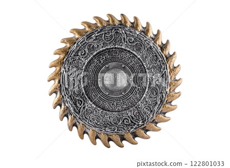 Old decorated metal round bladed shield isolated on white background with cliping path Old decorated metal round bladed shield isolated on white background with cliping path 122801033