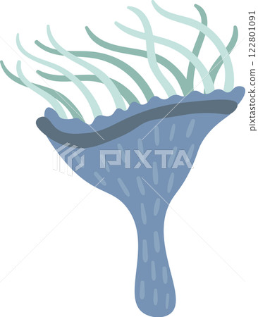 Cartoon illustration featuring a vibrant blue anemone gracefully spreading its tentacles, creating an enchanting underwater scene against a pristine white backdrop Cartoon illustration featuring a vibrant blue anemone gracefully spreading its tentacles, creating an enchanting underwater scene against a pristine white backdrop 122801091