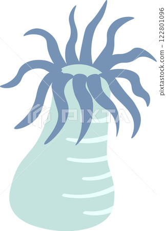 Cartoon illustration of a light blue sea anemone waving its tentacles, isolated on a white background, creating a peaceful and captivating underwater scene 122801096