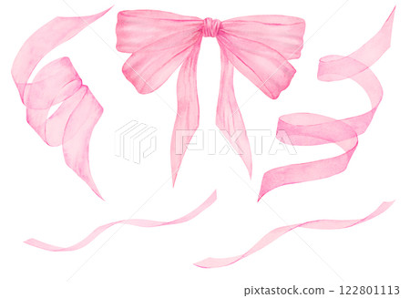 Set of ink watercolor hand drawn ribbons with elegant flowing movement. A perfect addition to wedding invitations, greeting cards, scrapbooking, and packaging. Great for festive, feminine designs 122801113