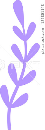Minimalist vector illustration of a lavender sprig growing upward, featuring purple leaves and stem on a white background, ideal for nature themed designs 122801148