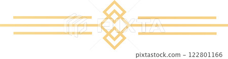 Minimalist golden geometric ornament consisting of rhombuses of different sizes dividing three horizontal parallel lines, creating a sophisticated and elegant design 122801166