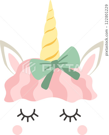 Pink unicorn head with closed eyes and wavy hair, adorned with a charming green bow, sleeping peacefully, creating a magical touch perfect for children s designs and illustrations 122801229