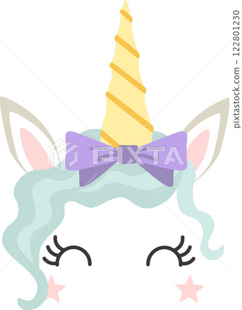 Cheerful unicorn face with a golden spiral horn, purple bow, mint green mane, closed eyes, long eyelashes, and pink stars, creating a magical and adorable design Cheerful unicorn face with a golden spiral horn, purple bow, mint green mane, closed eyes, long eyelashes, and pink stars, creating a magical and adorable design 122801230