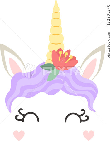Adorable unicorn face with purple hair, a golden horn, and a flower crown, smiling with closed eyes and hearts, creating a sweet and magical design Adorable unicorn face with purple hair, a golden horn, and a flower crown, smiling with closed eyes and hearts, creating a sweet and magical design 122801240