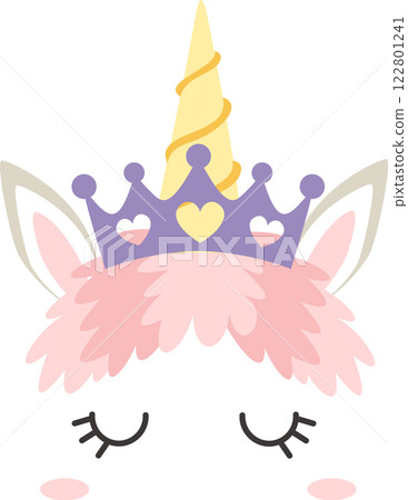 Adorable illustration of a sleeping unicorn head with closed eyes, pink mane, a golden horn, and a purple and gold crown, perfect for children s designs Adorable illustration of a sleeping unicorn head with closed eyes, pink mane, a golden horn, and a purple and gold crown, perfect for children s designs 122801241