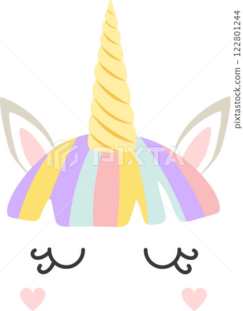 Adorable unicorn face featuring closed eyes, a colorful mane, and a golden horn surrounded by little hearts creates a charming design perfect for children s products and decor 122801244
