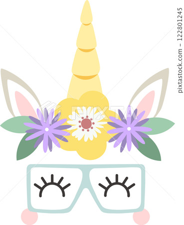 Adorable unicorn face featuring a yellow horn, a crown of purple and yellow flowers, and stylish glasses with closed eyes, creating a whimsical and charming design 122801245