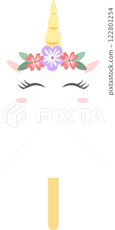 Illustration of a cute unicorn face with closed eyes, pink cheeks, small ears, a yellow horn and colorful flowers on its head, placed on a popsicle stick, creating a whimsical and playful design 122801254
