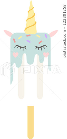 Melting turquoise unicorn popsicle resting on a white background, featuring closed eyes, playful hearts, and a delightful sprinkle of colorful confetti, radiating sweetness Melting turquoise unicorn popsicle resting on a white background, featuring closed eyes, playful hearts, and a delightful sprinkle of colorful confetti, radiating sweetness 122801258