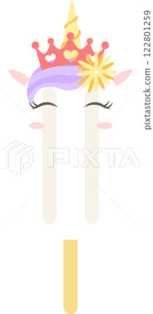 Adorable unicorn popsicle with closed eyes, wearing a crown and flower, brings a touch of magic to a hot summer day, perfect for kids and unicorn lovers 122801259