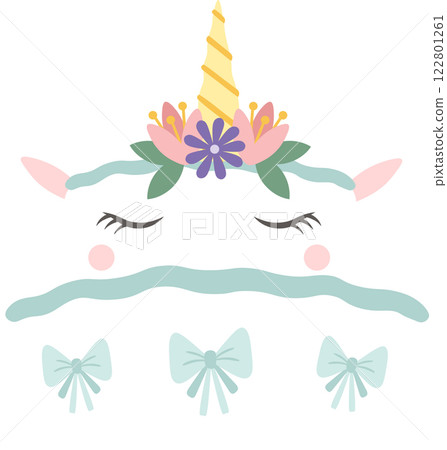Lovely unicorn face with closed eyes, decorated with a crown of flowers and bows, creating a sweet and magical design for children s products 122801261