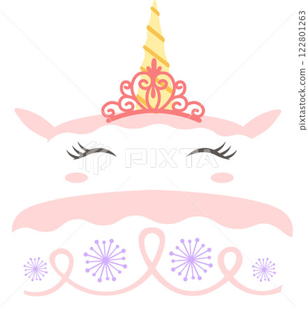 Illustrating a cute unicorn face adorned with a princess crown and cake layers decorated with ribbons and flowers, featuring closed eyes and a golden horn in pink and white Illustrating a cute unicorn face adorned with a princess crown and cake layers decorated with ribbons and flowers, featuring closed eyes and a golden horn in pink and white 122801263
