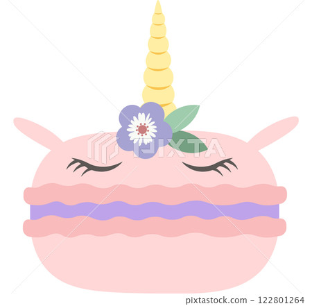 Cute pink macaron featuring a whimsical unicorn horn and delicate flower, sleeping peacefully with closed eyes and soft purple filling, isolated against a clean white background Cute pink macaron featuring a whimsical unicorn horn and delicate flower, sleeping peacefully with closed eyes and soft purple filling, isolated against a clean white background 122801264