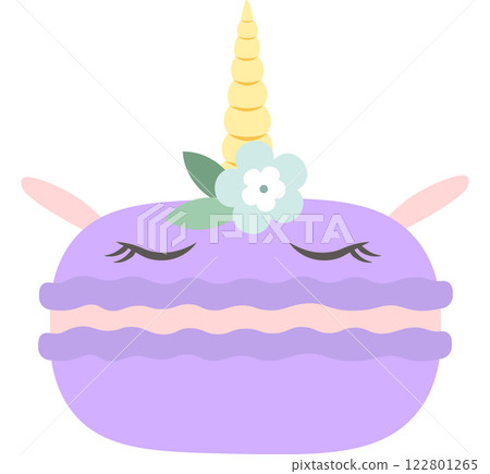 Adorable cartoon illustration of a sweet purple macaron decorated as a unicorn with closed eyes, a golden horn, small ears, and a light blue and green flower crown, perfect for children s designs Adorable cartoon illustration of a sweet purple macaron decorated as a unicorn with closed eyes, a golden horn, small ears, and a light blue and green flower crown, perfect for children s designs 122801265