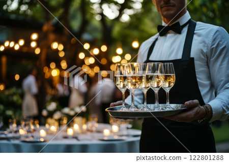 Waiter serving wine at elegant outdoor event 122801288