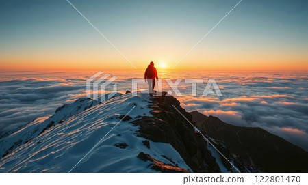 A lone hiker on snowy mountain at sunset 122801470