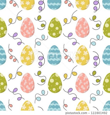 Colorful Easter Egg Seamless Pattern with Festive Decorations, Spring Holiday Background for Textiles Paper and Crafts Colorful Easter Egg Seamless Pattern with Festive Decorations, Spring Holiday Background for Textiles Paper and Crafts 122801492