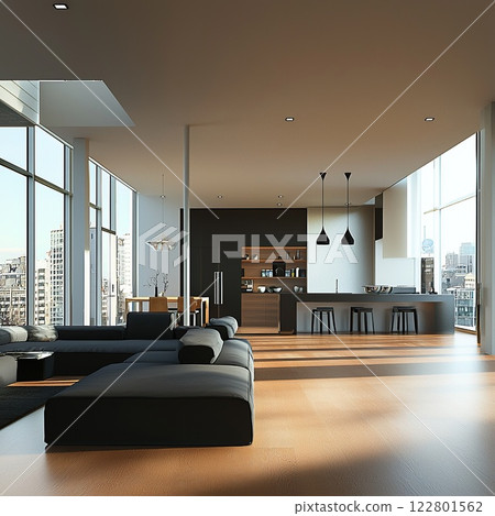 Modern apartment interior showcases open space and urban views in a stylish kitchen and living area with sleek design elements Modern apartment interior showcases open space and urban views in a stylish kitchen and living area with sleek design elements 122801562
