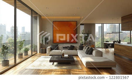 Modern living room design with panoramic city view and contemporary artwork in urban apartment 122801567