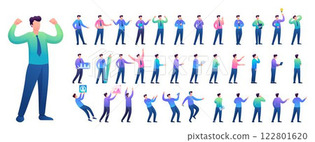 Set of Young Man. Presentation in various in various poses and actions. 2D Flat character vector illustration N1 122801620
